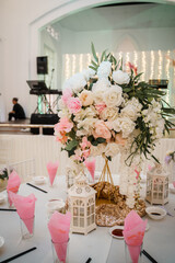 Wedding dinner hall with flower decoration