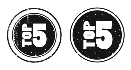 Top 5 black and white icon. Round Top Five logo, stamp, label with grunge watercolor texture. Simple laconic style for sport, music, business, infographic, web site design. Vector illustration.