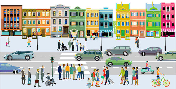 Stadt mit Straßenverkehr, Wohnhäuser und Fußgänger auf den Bürgersteig, Illustration