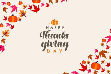 Happy thanksgiving day. Background with colorful autumn illustrations of thanksgiving. Poster for holiday celebration. Design vector banner with vintage lettering and hand-drawn graphic elements