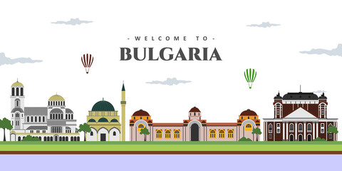 Great city landscape panorama view of Bulgaria with famous landmarks. Set vector illustration can be use for poster travel book, postcard, billboard. Business travel and tourist guide - obrazy, fototapety, plakaty