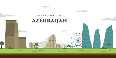 City landscape of Azerbaijan with famous building landmark. Welcoming to Azerbaijan. World vacation travel Asia Asian collection. Cartoon style web site vector illustration