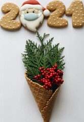 winter waffle cone with gingerbreads in mask for covid Christmas 2021 wallpapers