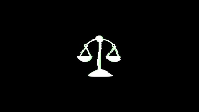Glitch icon symbol of balance scale distorted glitch old tv screen on black background