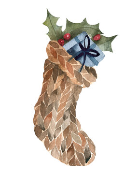 Bright watercolor Christmas card. Sock with gifts illustration © Tatyana