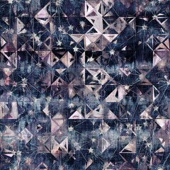 Seamless geometric mixed media collage design in old aged worn look. Geo design overlaid, mottled, and distressed on fabric texture. Seamless repeat raster jpg pattern swatch.