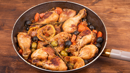 Ready Algerian chicken with vegetables and olives with spicy sauce in a pan on a wooden table, top view