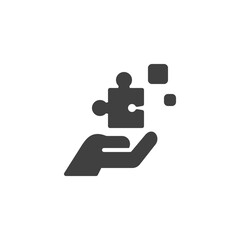 Hand with puzzle vector icon. filled flat sign for mobile concept and web design. The problem solution glyph icon. Symbol, logo illustration. Vector graphics