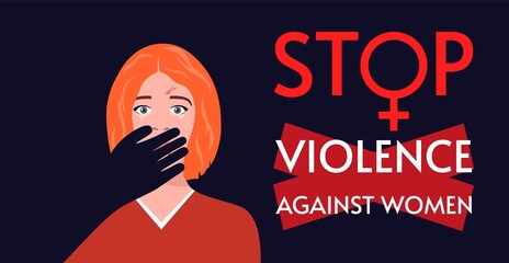 A woman in tears and with traces of beating on her face.The man covers the woman's mouth with his hand. Domestic violence and abuse against women. Stop violence against women. Vector illustration.