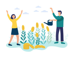 man and woman take care of flowers, with gold coins. Successful investment in a business project, and profit making. Flat conceptual vector illustration for the web, site and mobile applications