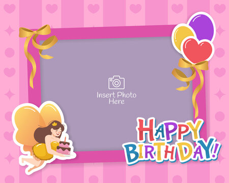 Decorative birthday frame with balloons, ribbons and fairy character illustration