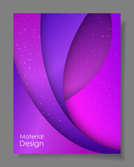 Poster with purple, violet dust, sparkles, glitter, paper and space for text, material design. Vector illustration.