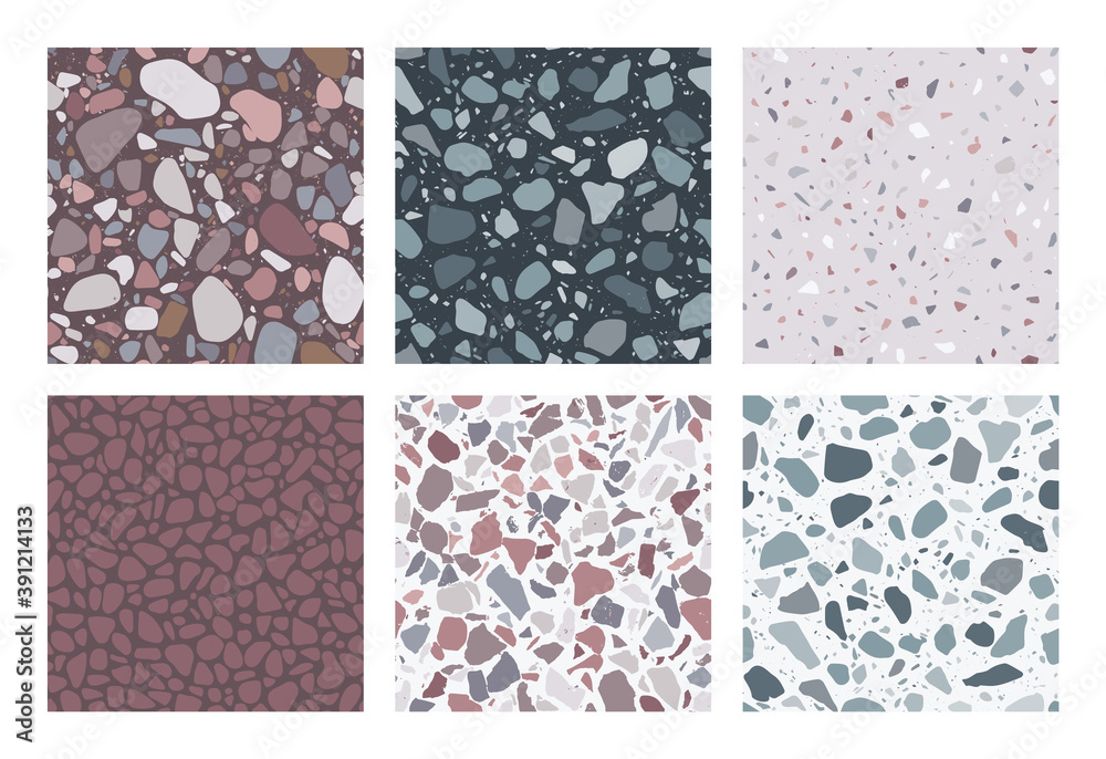 Sticker terrazzo patterns. set of 6 seamless terrazzo texture patterns. colorful, trendy backgrounds. abstra