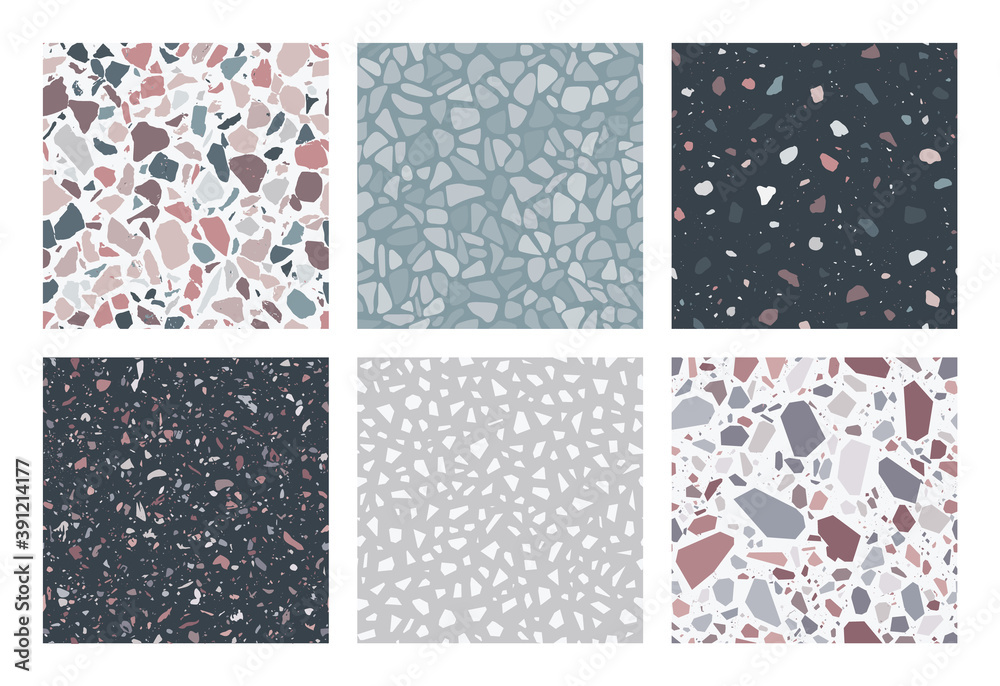 Wall mural terrazzo patterns. set of 6 seamless terrazzo texture patterns. colorful, trendy backgrounds. abstra