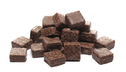 Chocolate wafer blocks, cubes pile isolated on white background