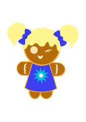 Gingerbread girl playfully winks on a white background. Vector illustration in a flat style. Decoration for christmas, winter holiday, cooking, new year's eve, food.