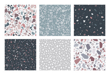 Terrazzo patterns. Set of 6 seamless terrazzo texture patterns. Colorful, trendy backgrounds. Abstract vector Illustration.