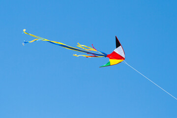 kite on the blue sky in sunny weather and wind. Kite flying in summer with copy space. Liberty.