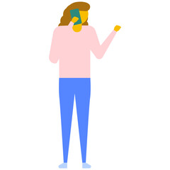 
A young woman wearing top and blue jeans talking on phone, flat vector icon 
