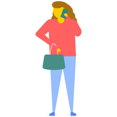 
A young woman wearing top and blue jeans talking on phone, flat vector icon 
