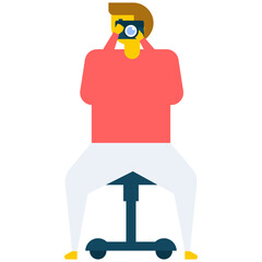 
Man is sitting on a stool and taking picture with camera, flat vector icon 
