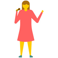 
Young woman singing with microphone, flat vector icon 
