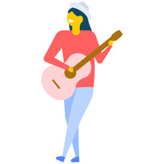 
Young woman singing with microphone, flat vector icon 

