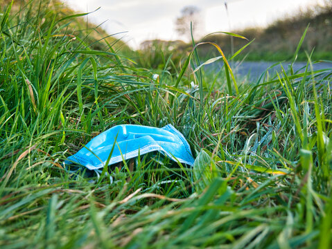 A Used, Blue Surgical Mask Used For COVID-19 PPE Protection, Discarded As Litter In Rural Countryside