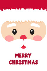 Template for new year, Christmas greeting card with the words Merry Christmas. Santa Claus face. Concept of a card in a flat style with elements and symbols of Christmas.