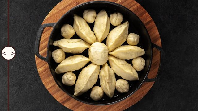 seamless looping slider animation with a raw and fresh baked homemade apple dumpling bread top view. black frying pan on wooden cutting board