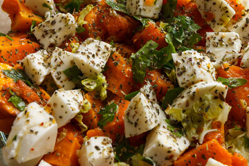Salad with red pumpkin, cottage cheese, various vegetables and spices. Close-up