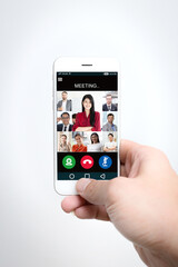 smartphone app using business video call or internet calling with group of face people meeting.