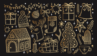 Merry Christmas doodle hand drawn set. Happy new year sketch collection. Isolated element decoration.