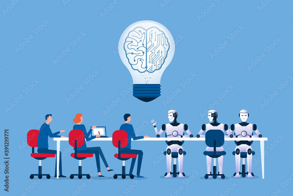 Poster business people team and robot team meeting for brainstorming concept and flat design for artificial