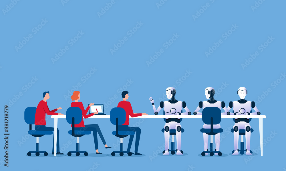 Poster business people team and robot team meeting for brainstorming concept and flat design for artificial