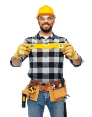 profession, construction and building - happy smiling male worker or builder in helmet with level over white background