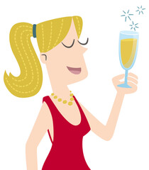 Elegant woman toasting for the new year, isolated. Retro style illustration of a woman toasting with a glass of champagne, isolated on white background.