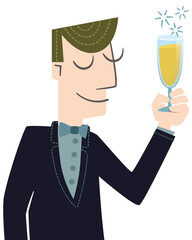 Elegant man toasting for the new year, isolated. Retro style illustration of a man toasting with a glass of champagne, isolated on white background.