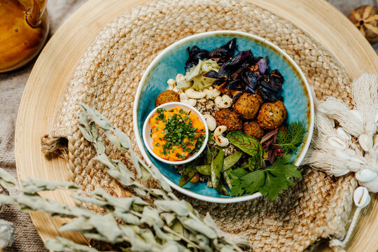 Healthy vegetarian food for a balanced diet rich in vitamins. Organic and regional products. Falaffel, nuts and beans