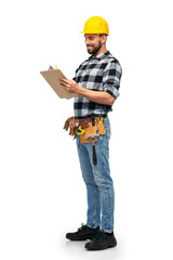 profession, construction and building - happy smiling male worker or builder in helmet with clipboard over white background