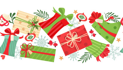 Seamless horizontal pattern with Christmas gift boxes and elements. Vector pattern.