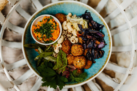 Healthy vegetarian food for a balanced diet rich in vitamins. Organic and regional products. Falaffel, nuts and beans