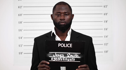 Mugshot of criminal afro-american businessman at police station