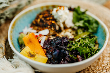 Healthy food for a balanced diet rich in vitamins. Organic and regional products. Chicken breast, cashew nuts, radishes