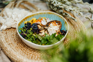 Healthy food for a balanced diet rich in vitamins. Organic and regional products. Chicken breast, cashew nuts, radishes