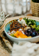 Healthy food for a balanced diet rich in vitamins. Organic and regional products. Chicken breast, cashew nuts, radishes