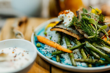 Healthy food for a balanced diet rich in vitamins. Organic and regional products. Fish, salmon and rice