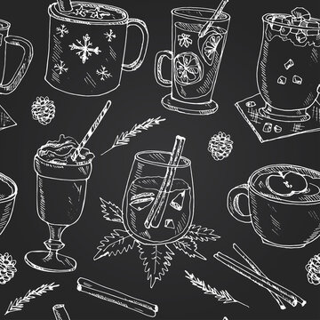 Christmas hot beverages Vector seamless pattern with food and drink hand drawn doodles. Vector illustration