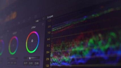 Color correction, color circles in the editing program on the computer display. A professional performs color correction of the video .