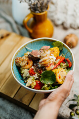 Healthy food for a balanced diet rich in vitamins. Organic and regional products. Fish, surf and turf, shrimp, beef